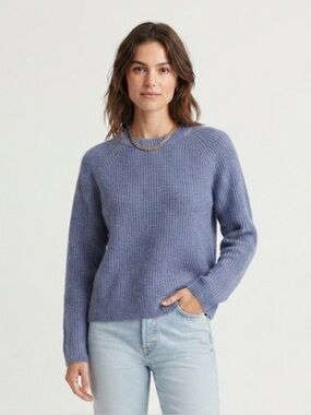 Quince Fishermen 100% Mongolian Cashmere Ribbed Crewneck Sweater Blue XS
